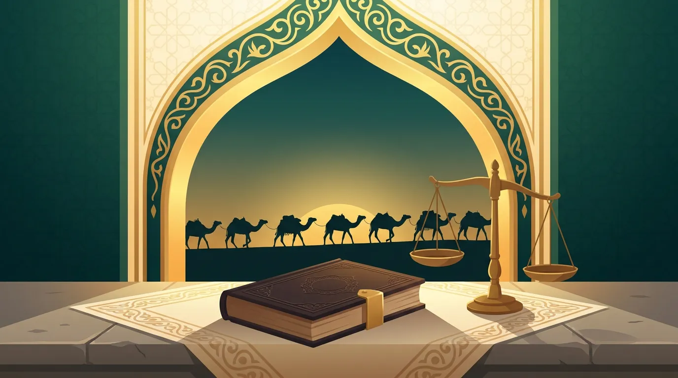 A trade caravan of camels passing through a lit golden archway at night