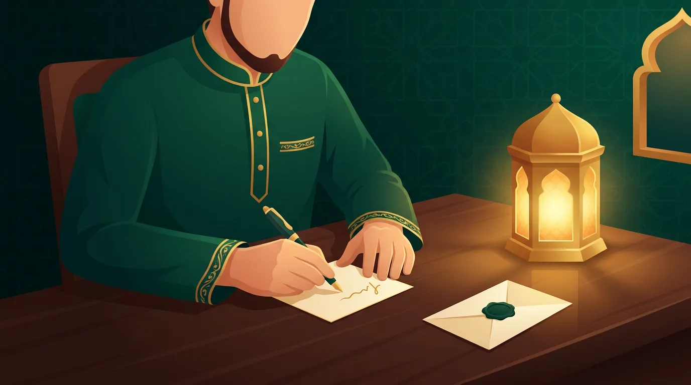 A man writing at a lantern-lit desk