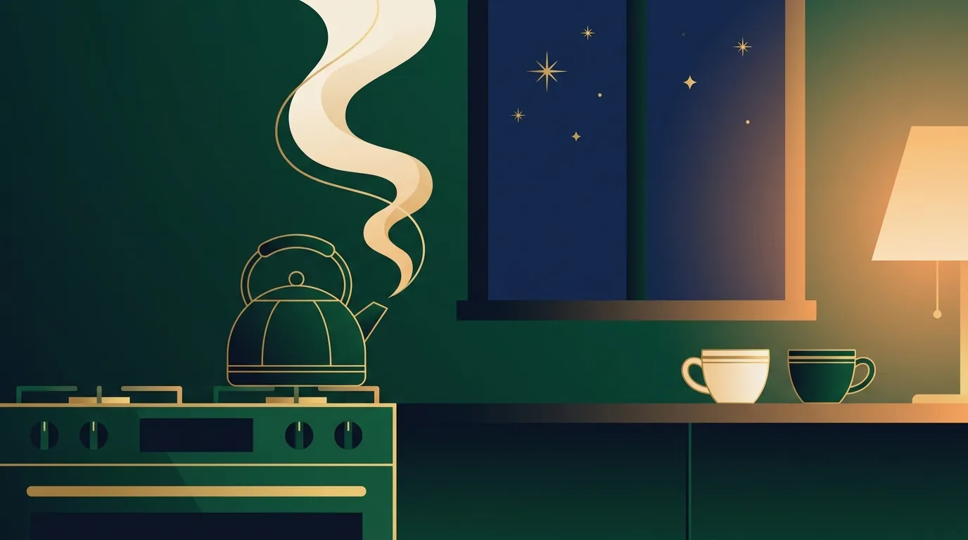 A kettle steaming by a window under a night sky