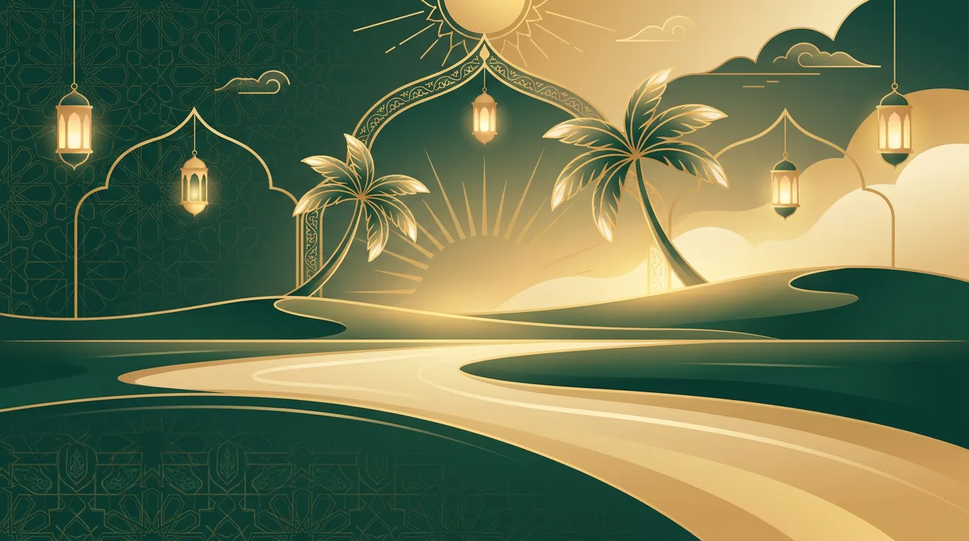 A path winding through palm trees toward light