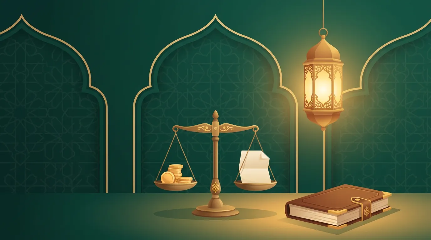Brass scales beside books under a hanging lantern