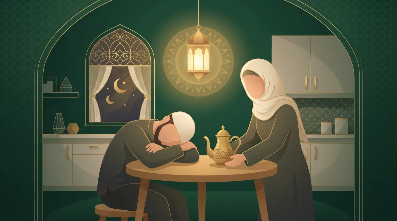 Course illustration: tea served at a family table in the program's emerald and gold style